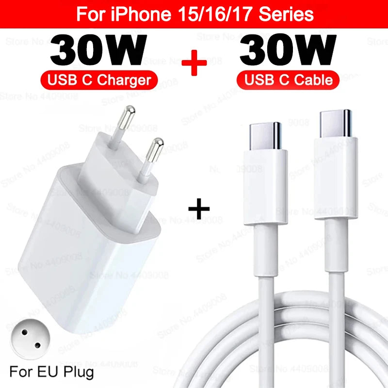 US EU Adapter PD 40W Fast Charger For Apple iPhone 15 13 12 11 14 17 16 Pro Max Type C Charger Charging Cable Phone Accessories
