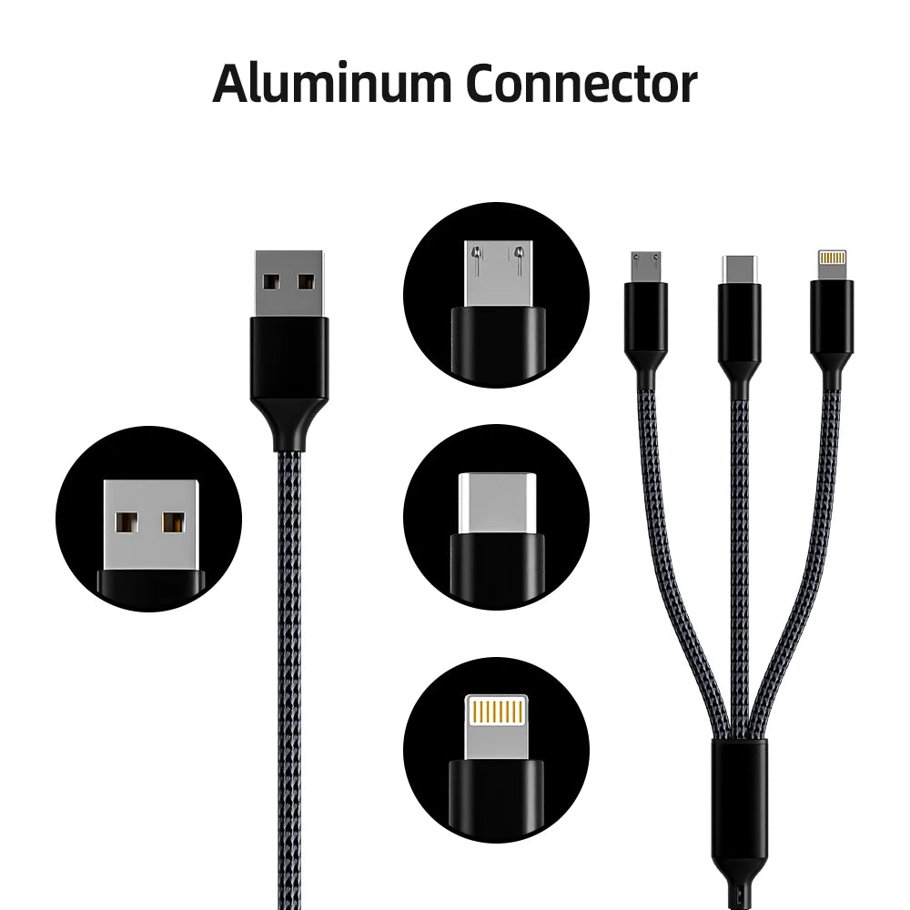 4pcs Charge Cable 3-in-1 Nylon Braided Multi Charge Cable for Multiple Devices USB Fast Charging with Type-C Micro USB IP Port