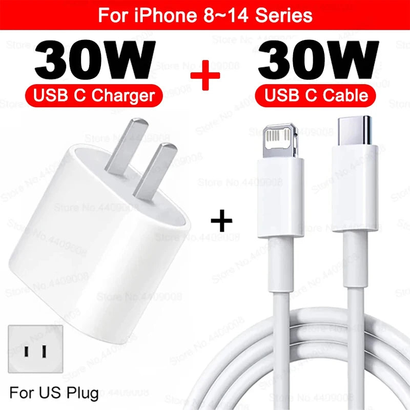 US EU Adapter PD 40W Fast Charger For Apple iPhone 15 13 12 11 14 17 16 Pro Max Type C Charger Charging Cable Phone Accessories