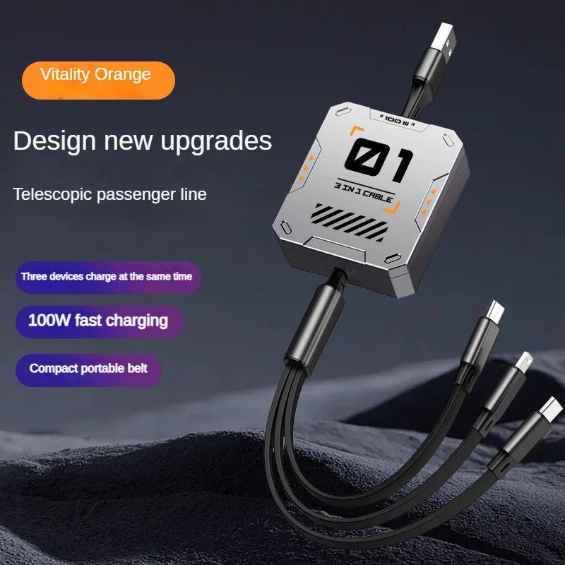 3 in 1 Multi Retractable USB Phone 100W Fast Charging and Data Cable for Lightning/Android/Type-C Devices