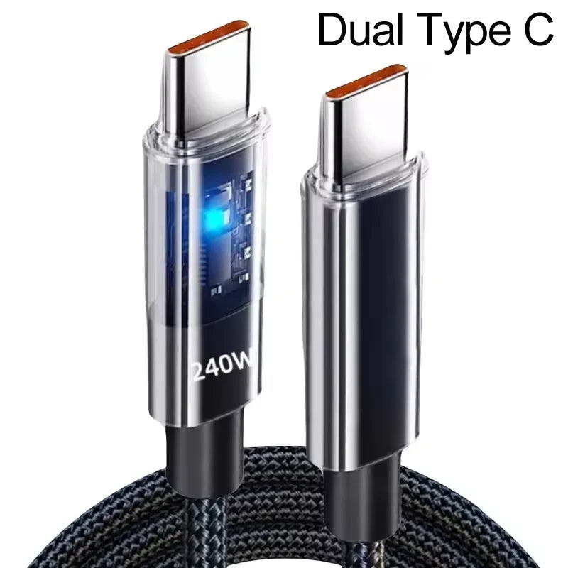 0.25/1/1.5/2M 240W Nylon USB C PD Super Fast Charging Data Cable With LED Display USB To Type C Quick Charge Data Cords New