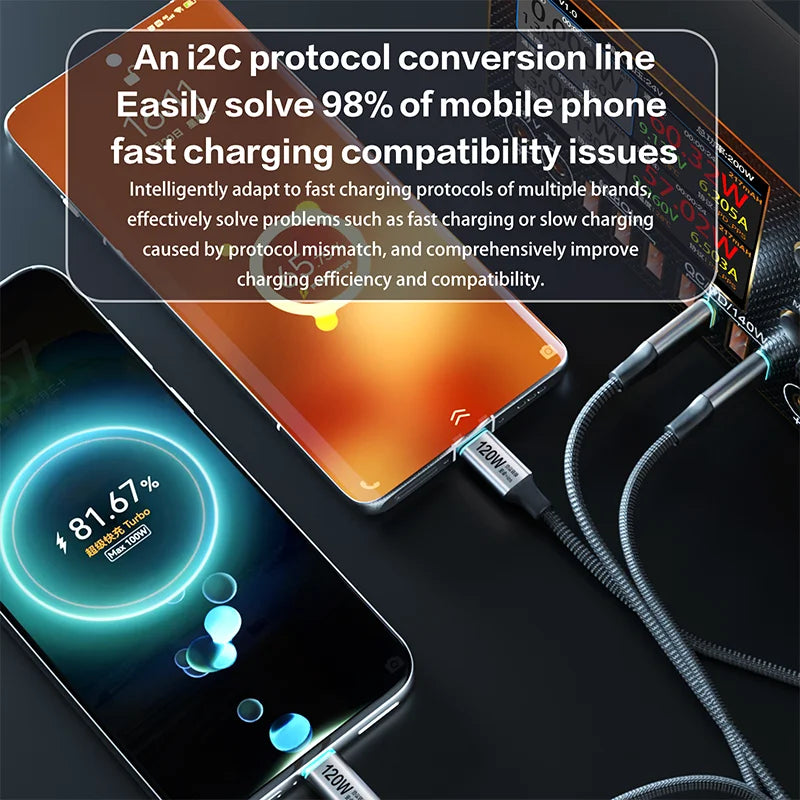 I2C Turbo TU2 TU1 1.2 Meters 120W 65W High Power Universal Flash Fast Charging Cable for IOS Android Mobile Phones Repair