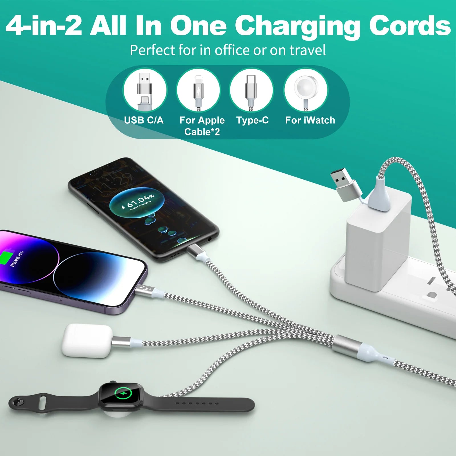 4 In 2 Magnetic Wireless Charger USB Type C Charging Cable Fast Charge for iPhone 15 /Apple iWatch 1-9 Ultra SE Watch Android