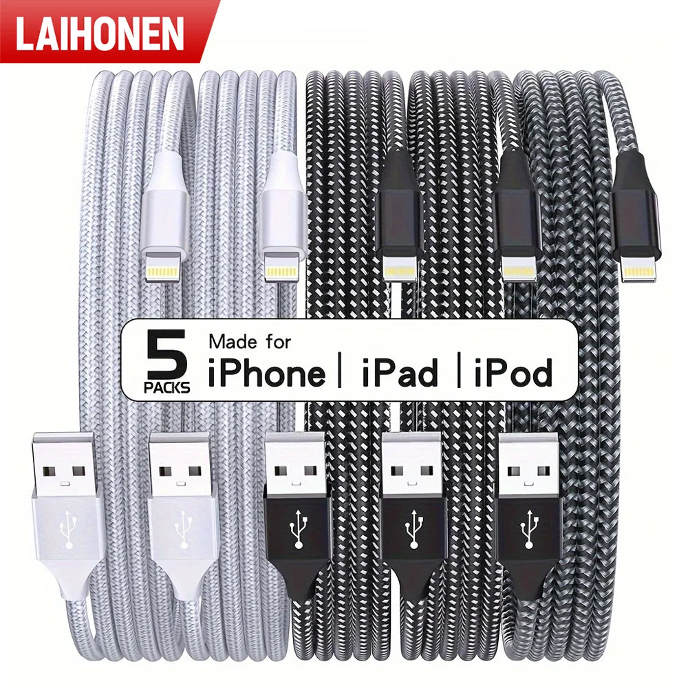 LAIHONEN MFi Certification 5pcs Charger Cable Nylon Braided Fast Charging for iPhone Cable Charger Fast, for iPhone 14 13 12 11