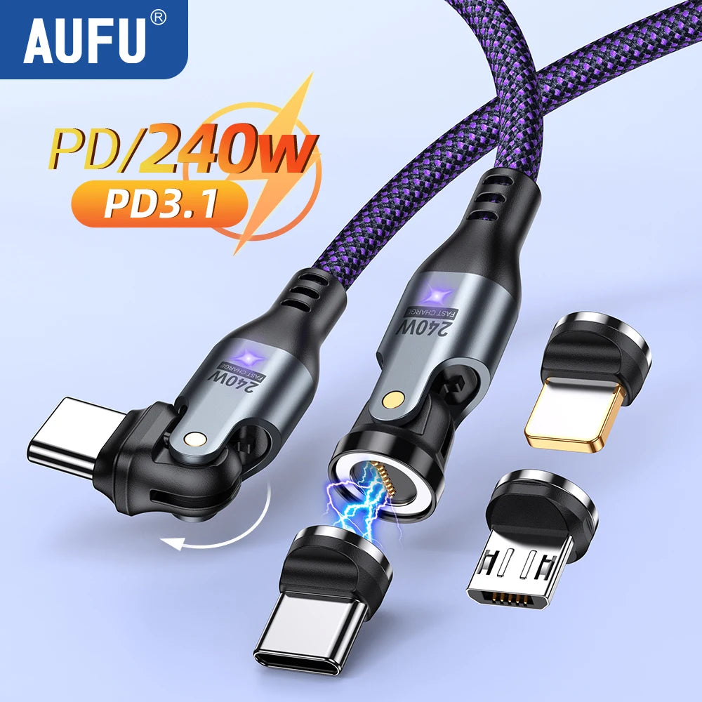 AUFU 240W Magnetic USB C To Type C Cable 100W 5A PD3.1 Fast Charging Wire For Macbook Laptop Mirco USB Magnet Charger Data Cord