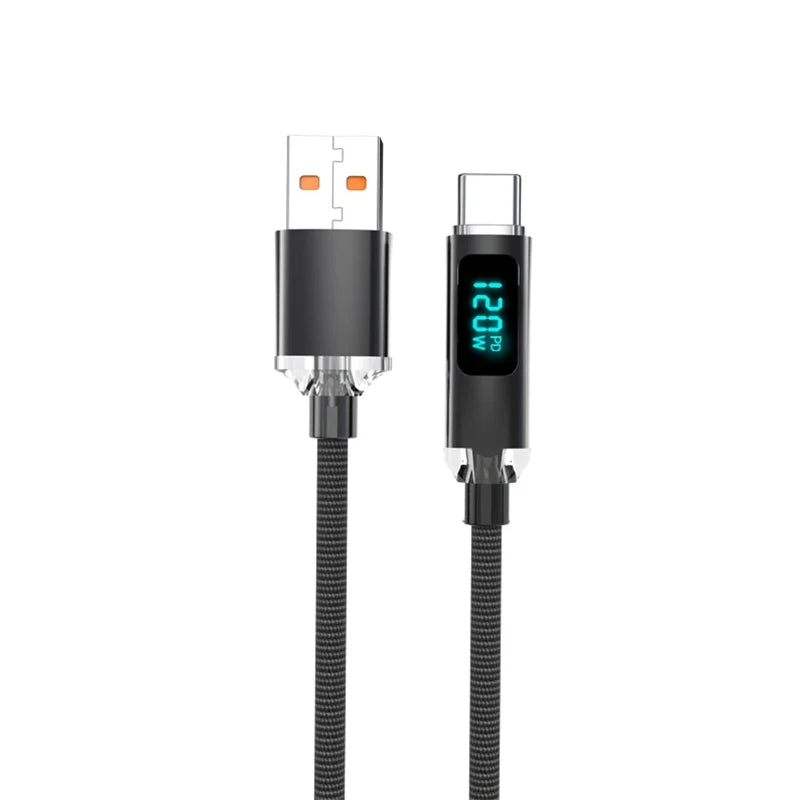 New 120W Super Fast Charging Cable USB A To Type C LED Digital Display For Redmi Xiaomi Huawei Fast Charging Data Cord