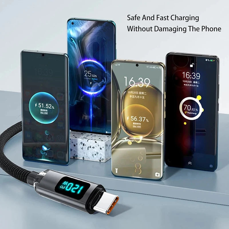 New 120W Super Fast Charging Cable USB A To Type C LED Digital Display For Redmi Xiaomi Huawei Fast Charging Data Cord