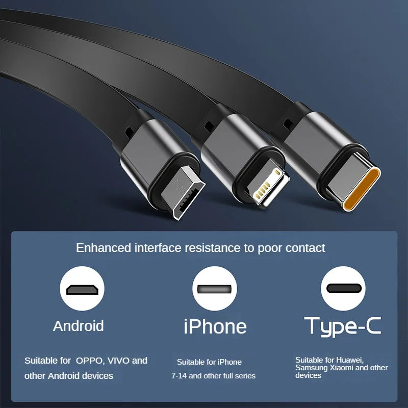 3 in 1 Multi Retractable USB Phone 100W Fast Charging and Data Cable for Lightning/Android/Type-C Devices