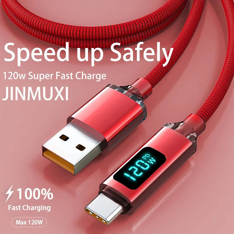 New 120W Super Fast Charging Cable USB A To Type C LED Digital Display For Redmi Xiaomi Huawei Fast Charging Data Cord