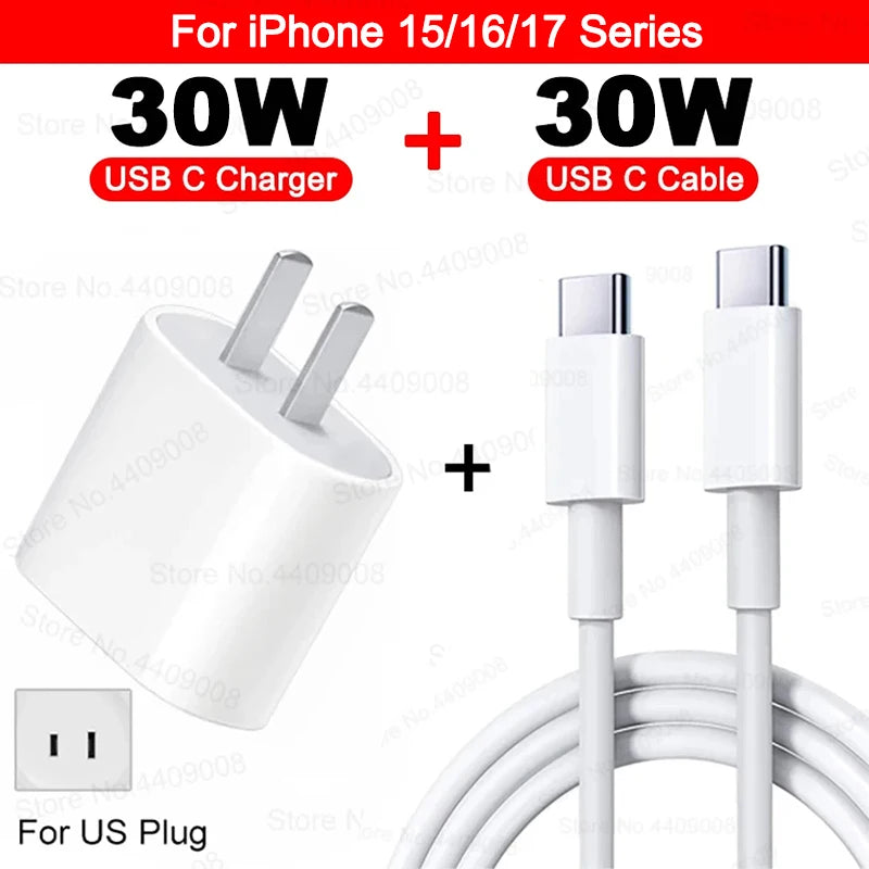 US EU Adapter PD 40W Fast Charger For Apple iPhone 15 13 12 11 14 17 16 Pro Max Type C Charger Charging Cable Phone Accessories