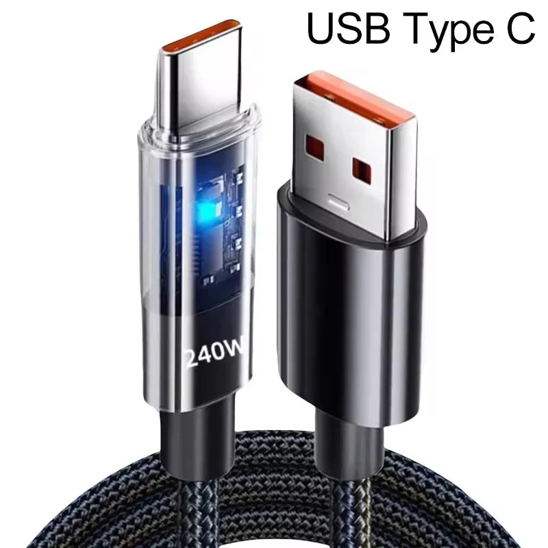 0.25/1/1.5/2M 240W Nylon USB C PD Super Fast Charging Data Cable With LED Display USB To Type C Quick Charge Data Cords New
