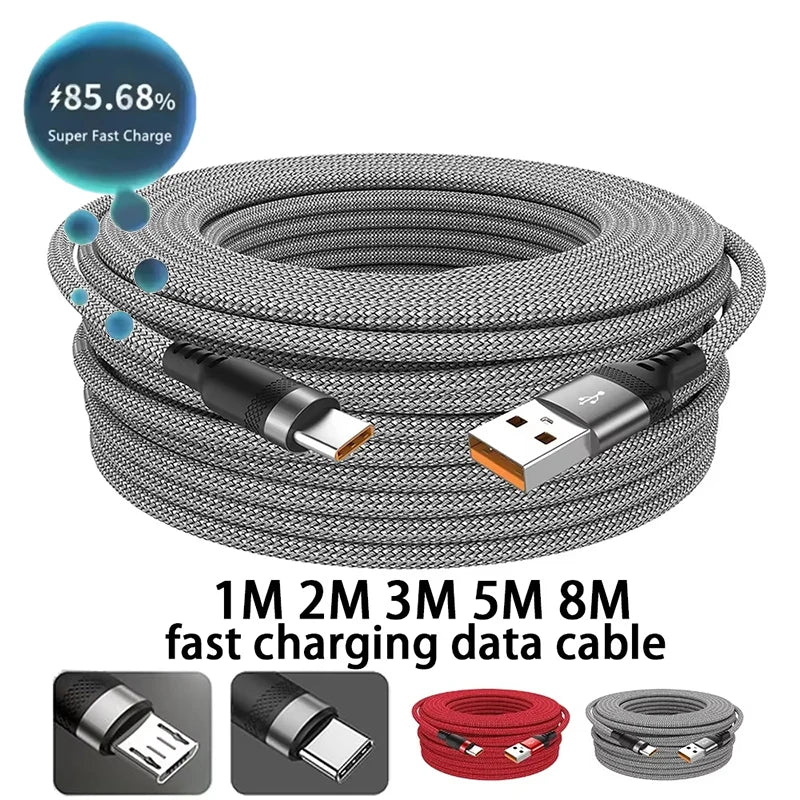 1/2/3/5/8m Extended 6A Super Fast Charging Extra Long Charging Cable USB Type C For iPhone Samsung Fully Compatible Data Cable