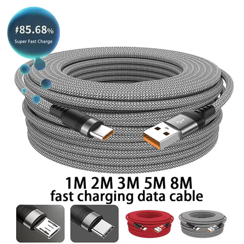 1/2/3/5/8m Extended 6A Super Fast Charging Extra Long Charging Cable USB Type C For iPhone Samsung Fully Compatible Data Cable