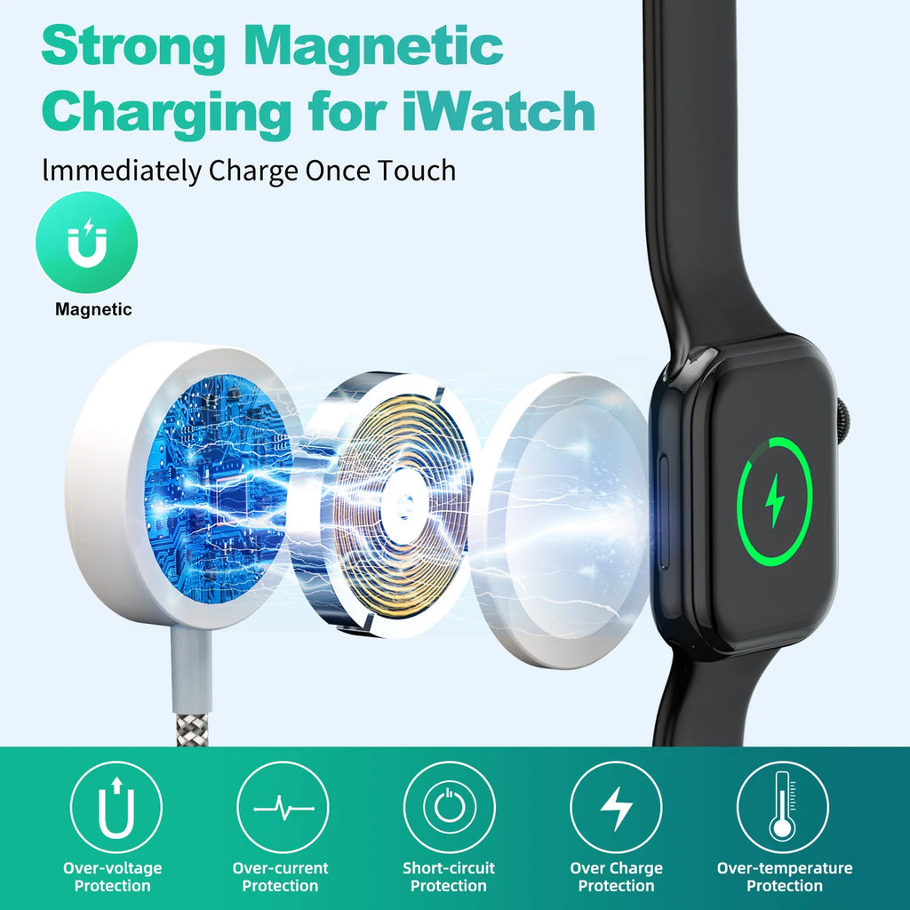 4 In 2 Magnetic Wireless Charger USB Type C Charging Cable Fast Charge for iPhone 15 /Apple iWatch 1-9 Ultra SE Watch Android