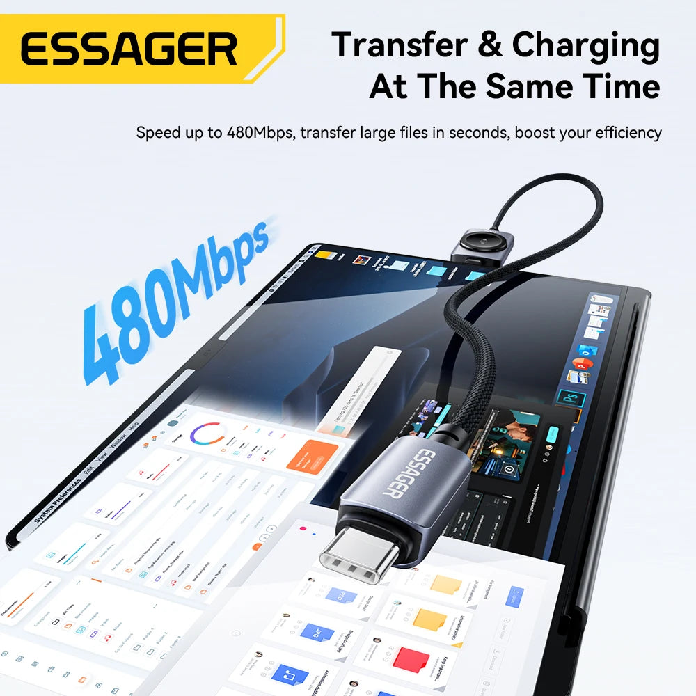 Essager 100W Fast Charging 2-in-1 Magnetic Cable for iPhone 17/16/15/14 Apple Watch Type-C to Type-C for Watch Charging