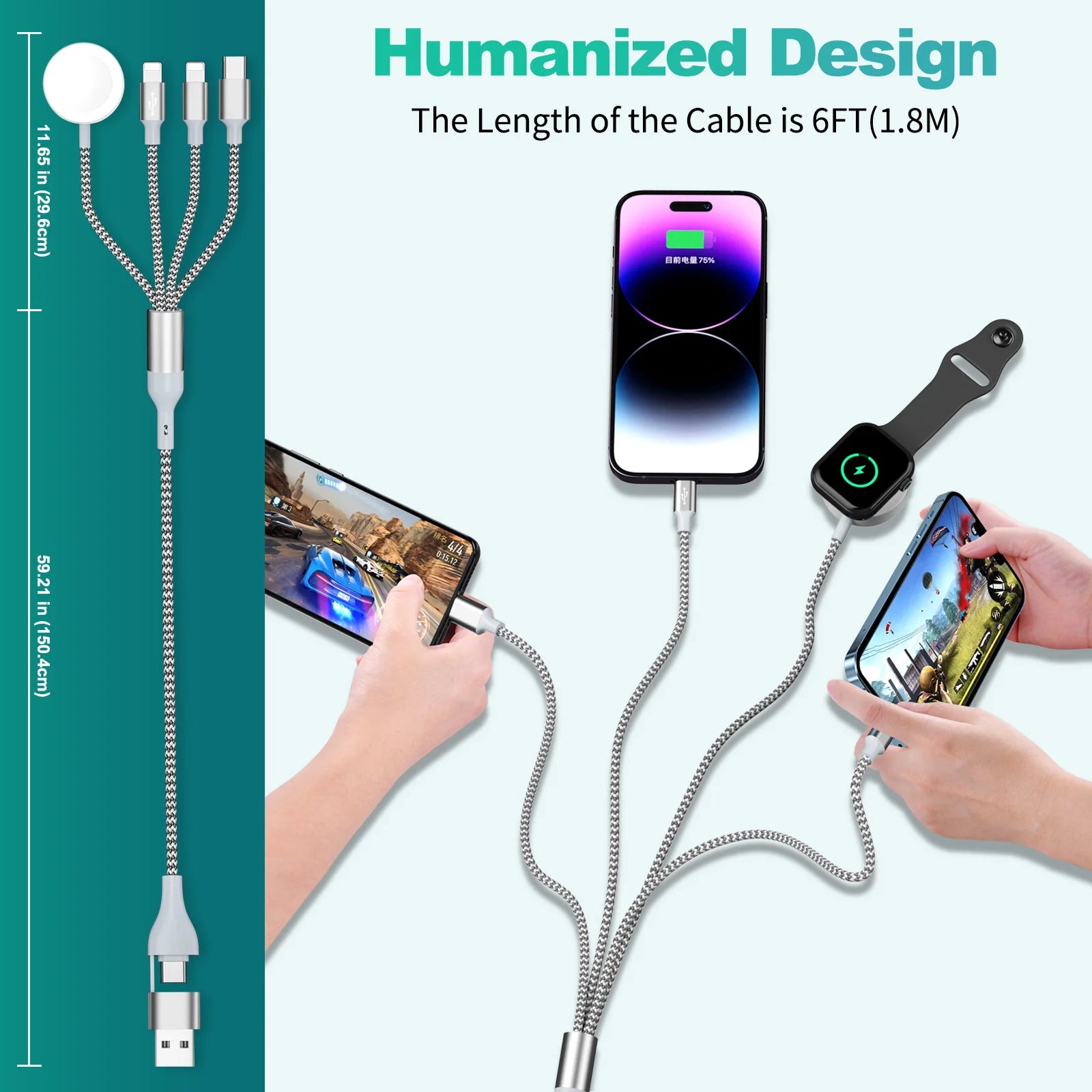 4 In 2 Magnetic Wireless Charger USB Type C Charging Cable Fast Charge for iPhone 15 /Apple iWatch 1-9 Ultra SE Watch Android