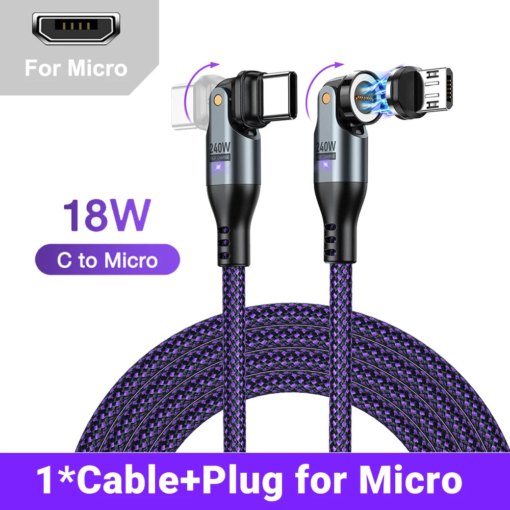 AUFU 9Pin 240W Magnetic Cable 5A Fast Charging Mirco USB Type C Cable For iPhone Xiaomi 540 Rotate Elbow Magnet Charge Data Cord