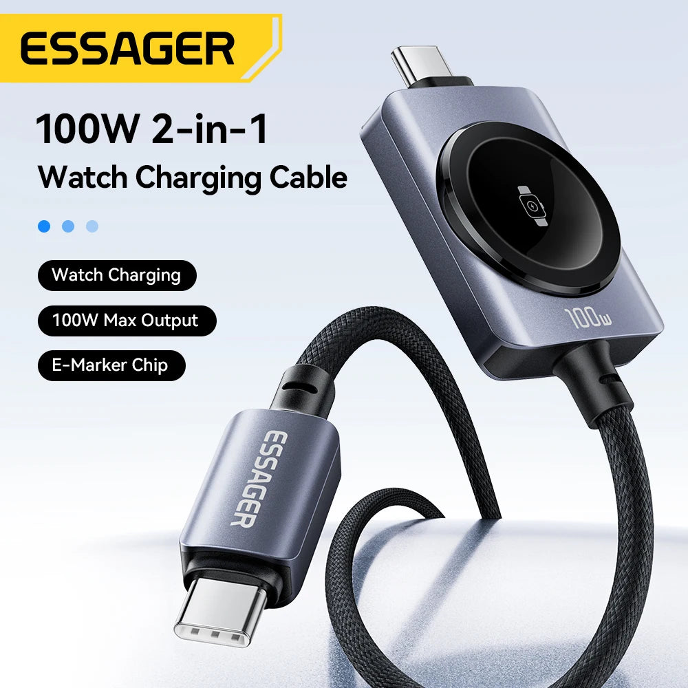 Essager 100W Fast Charging 2-in-1 Magnetic Cable for iPhone 17/16/15/14 Apple Watch Type-C to Type-C for Watch Charging