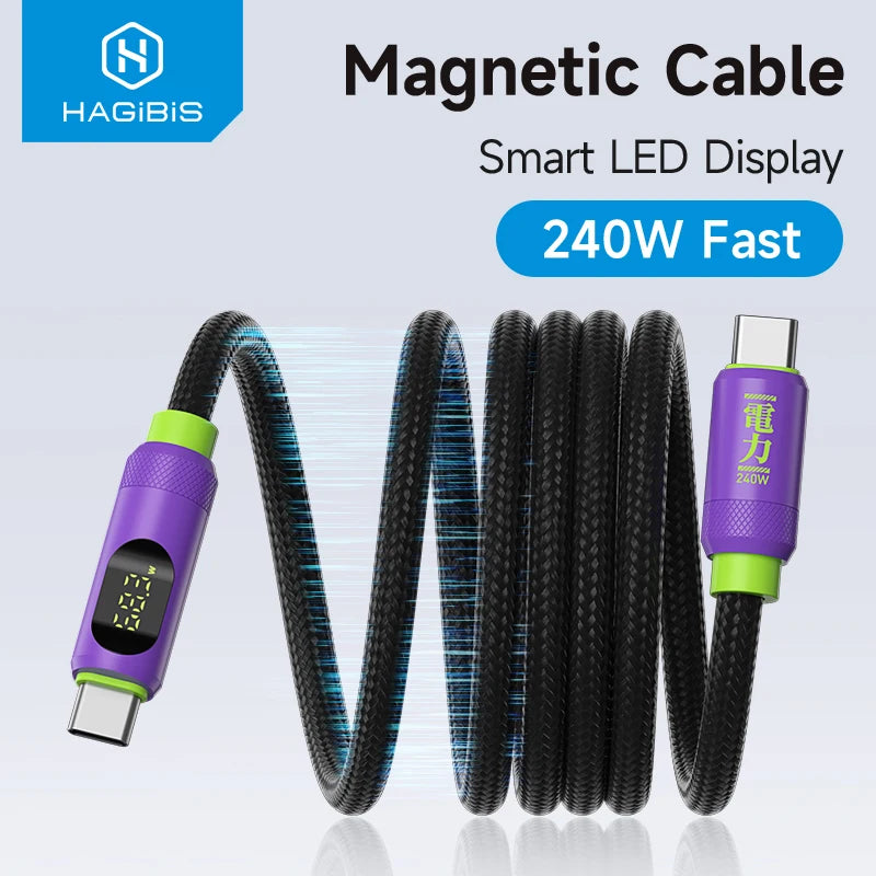 Hagibis Magnetic USB C to USB C Cable With LED Display USB C Charger Cable Type-c PD 240W Fast Charging Cord For iPhone 16/17