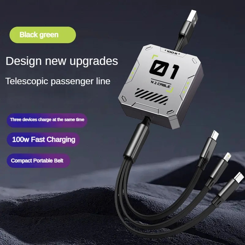 3 in 1 Multi Retractable USB Phone 100W Fast Charging and Data Cable for Lightning/Android/Type-C Devices