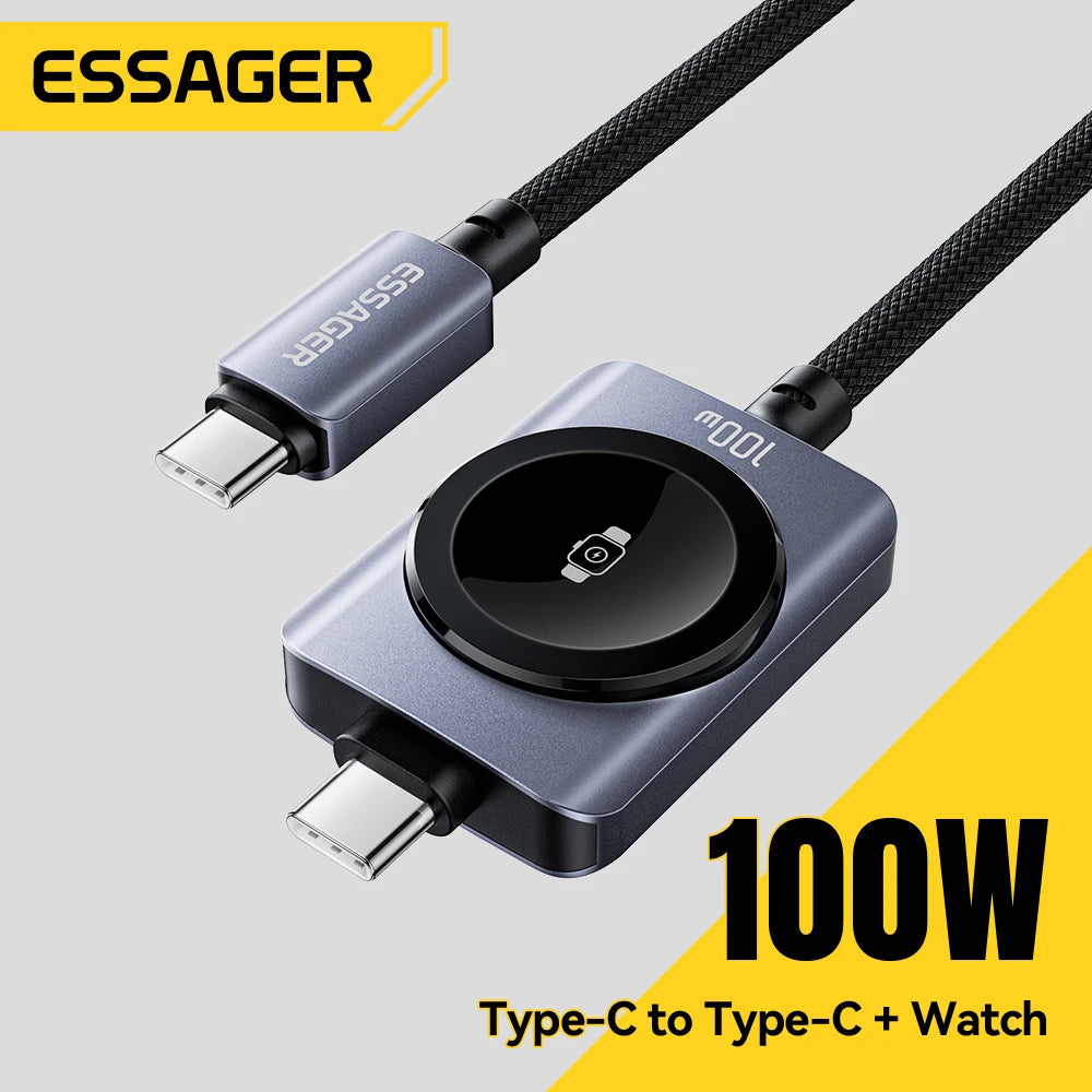 Essager 100W Fast Charging 2-in-1 Magnetic Cable for iPhone 17/16/15/14 Apple Watch Type-C to Type-C for Watch Charging
