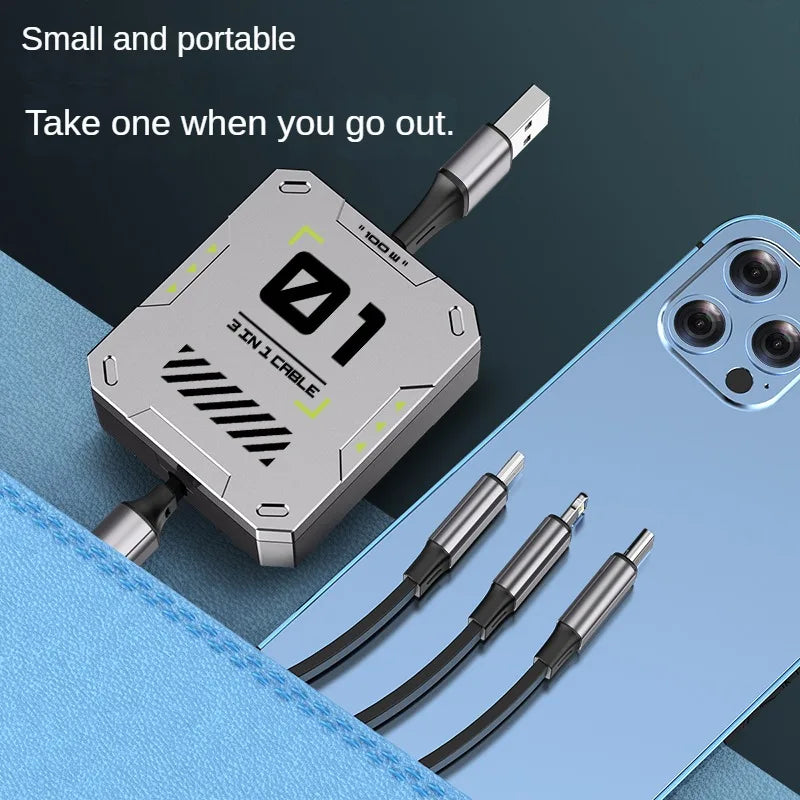 3 in 1 Multi Retractable USB Phone 100W Fast Charging and Data Cable for Lightning/Android/Type-C Devices
