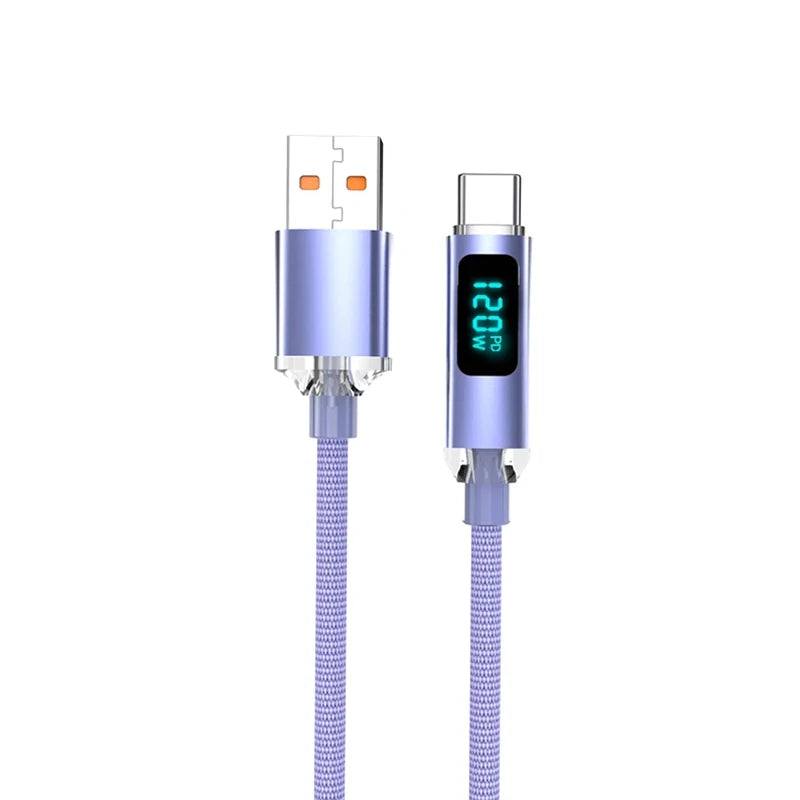 New 120W Super Fast Charging Cable USB A To Type C LED Digital Display For Redmi Xiaomi Huawei Fast Charging Data Cord