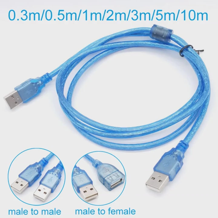 High Speed USB 2.0 Extension Cable 0.3M 1M 2M 3M 5M 10m Transparent Blue Male To Female / male USB Extension Cord Copper cable