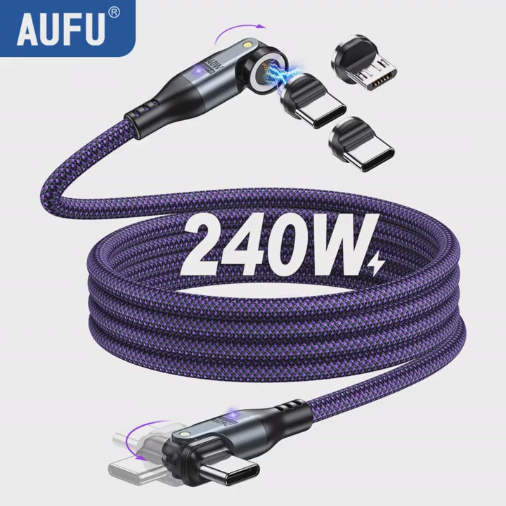 AUFU 9Pin 240W Magnetic Cable 5A Fast Charging Mirco USB Type C Cable For iPhone Xiaomi 540 Rotate Elbow Magnet Charge Data Cord