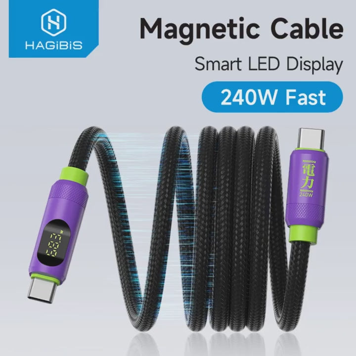 Hagibis Magnetic USB C to USB C Cable With LED Display USB C Charger Cable Type-c PD 240W Fast Charging Cord For iPhone 16/17