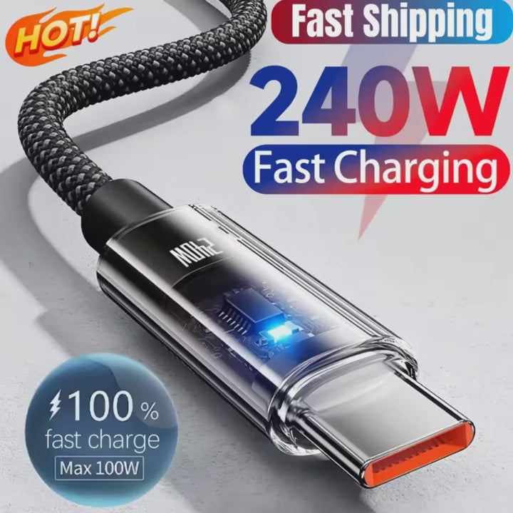 0.25/1/1.5/2M 240W Nylon USB C PD Super Fast Charging Data Cable With LED Display USB To Type C Quick Charge Data Cords New